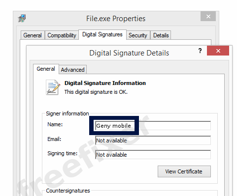 Screenshot of the Geny mobile certificate